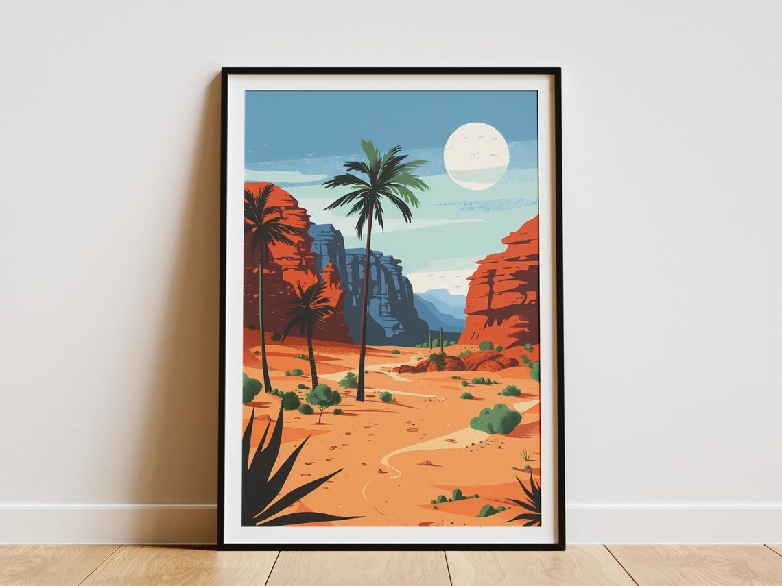 Wadi Rum Desert Palm Trees Moonlit Sand Dunes Jordan Travel Poster