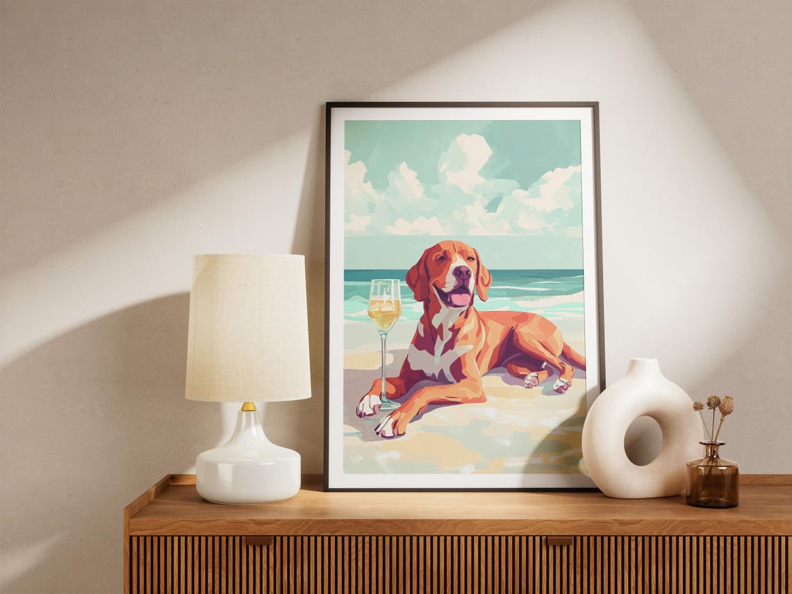Sleek Golden Red Dog Smiling With Wine Glass On The Beach Poster - Image 5