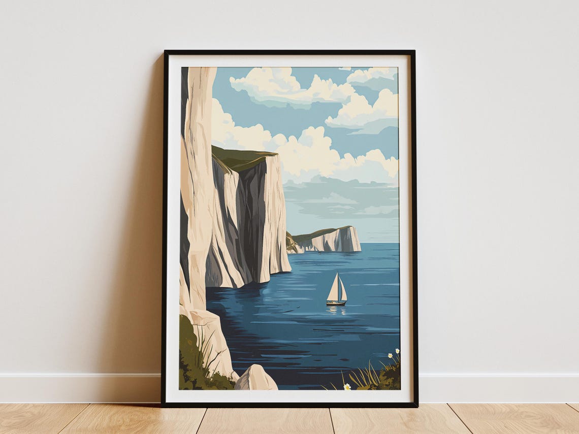 White Chalk Cliffs Sailboat Blue Sea Coastal Landscape Poster