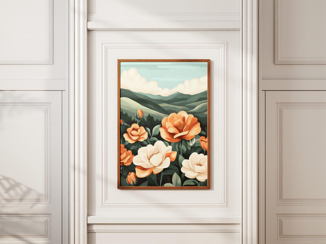 Peach And Cream Roses Blooming Before Rolling Green Mountains Poster - Image 2