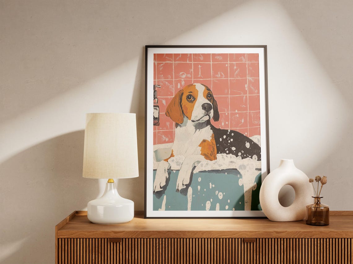 Sweet Beagle Puppy Resting Chin-Deep in a Foamy Bubble Bath Poster - Image 5