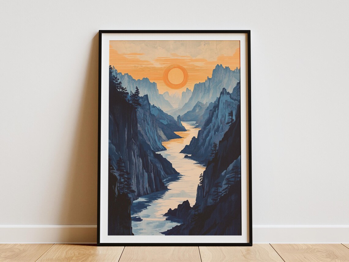 Golden Sunrise Over Misty Mountain River Valley Landscape Art Poster