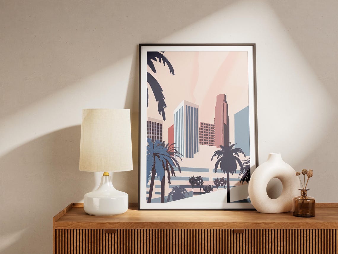Los Angeles City Skyline with Navy Blue Palm Trees at Day Poster - Image 5