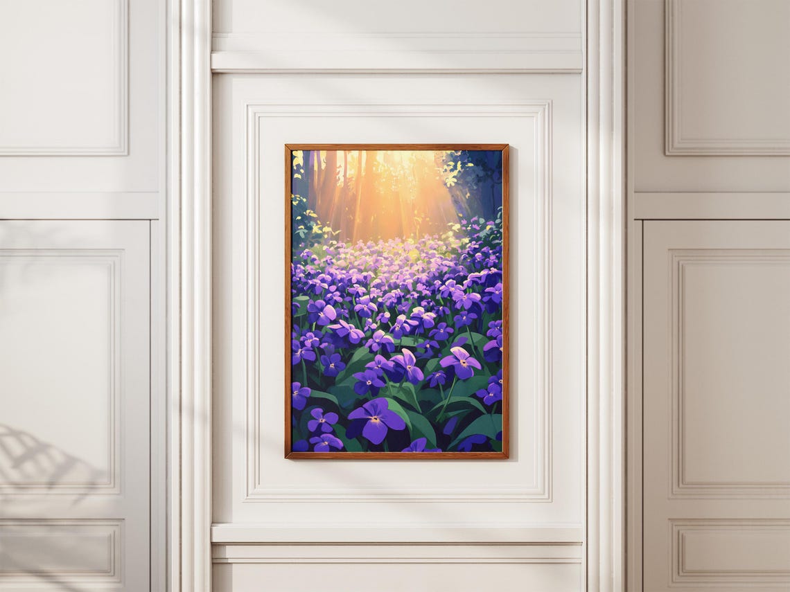 Sunlit Purple Violet Wildflower Clearing in the Forest Art Poster - Image 2
