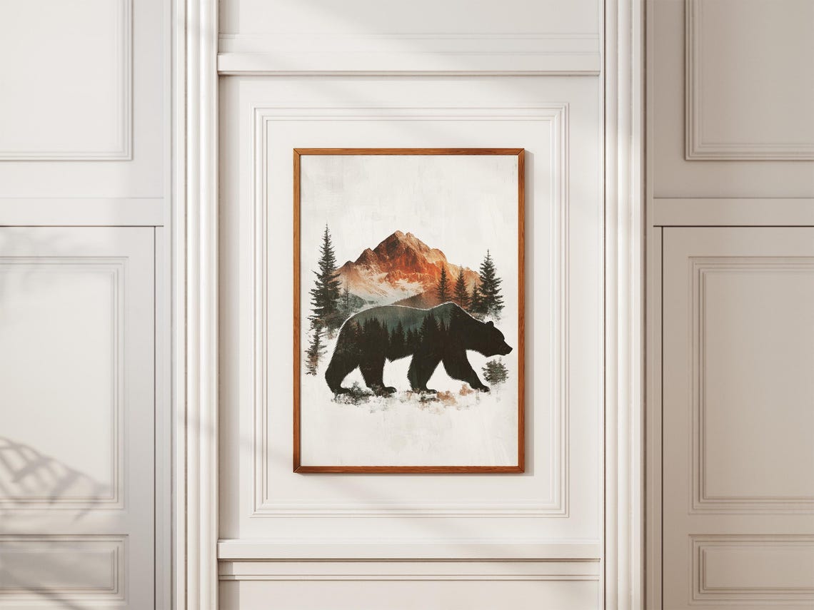 Bear Silhouette Double Exposure Mountain and Forest Art Poster - Image 2
