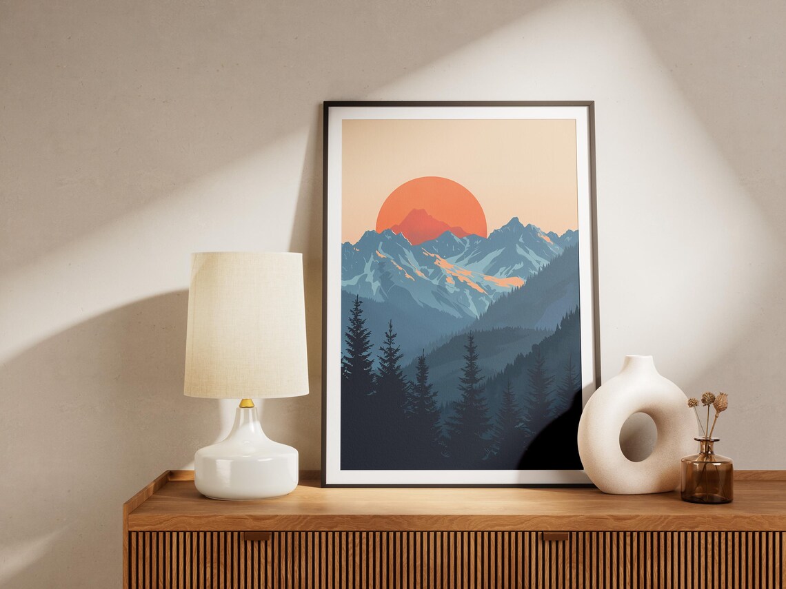 Mountain Sunset Poster Minimalist Art Print Blue Mountains Landscape Nature Art Wall Decor - Image 2