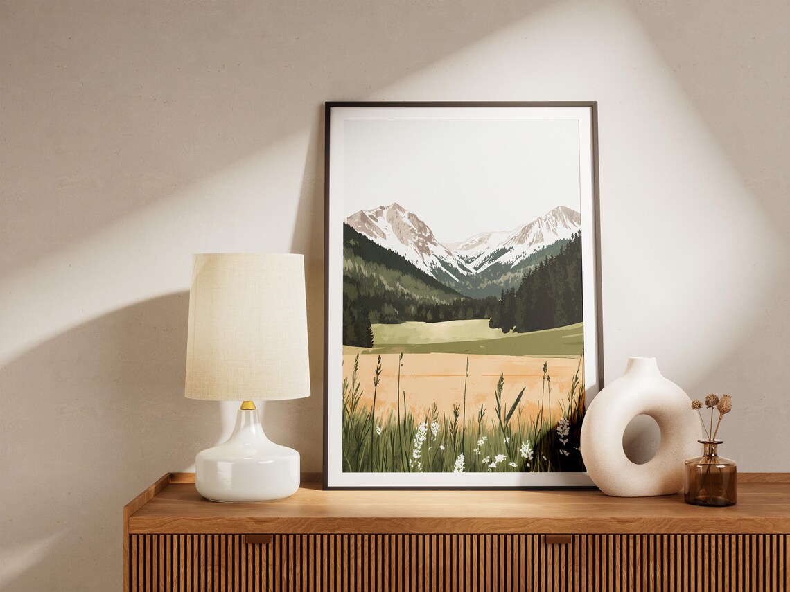 Snow-Capped Mountain Valley Lake With Wildflower Foreground Poster - Image 5