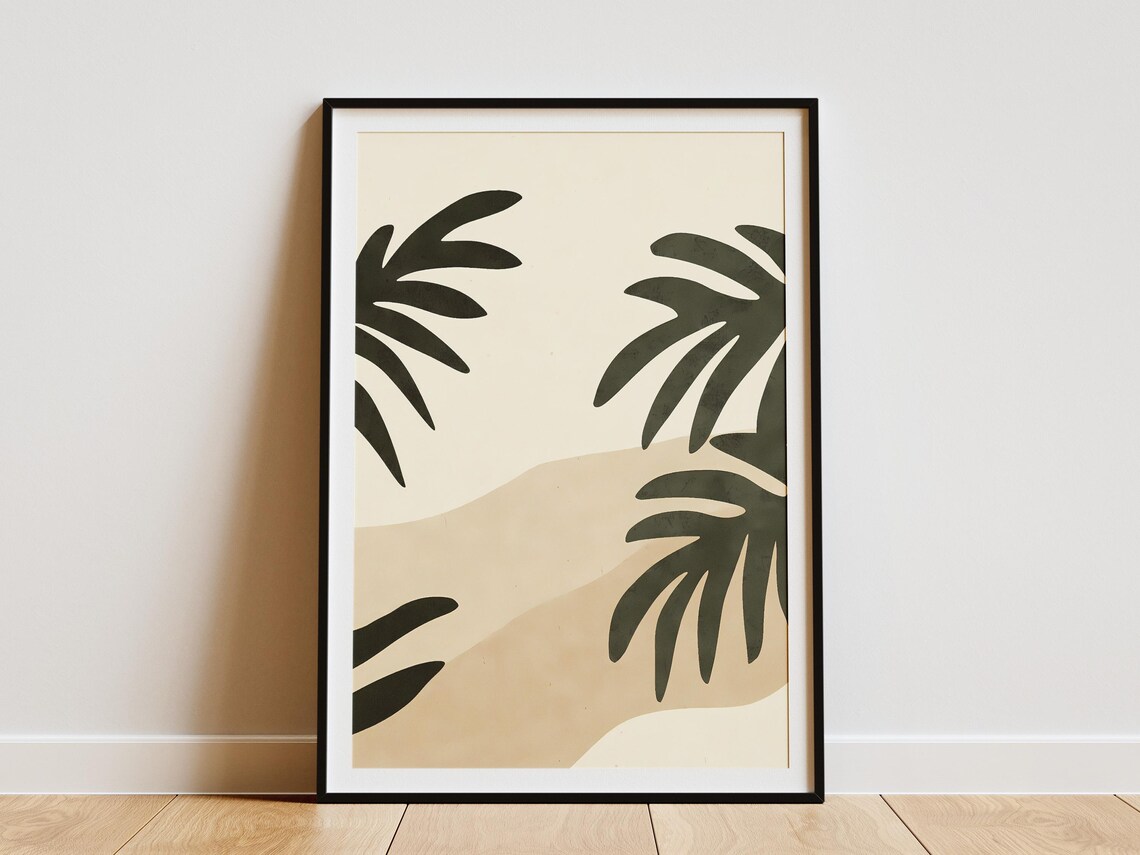 Abstract Palm Fronds Beach Poster in Dark Green and Beige Tones