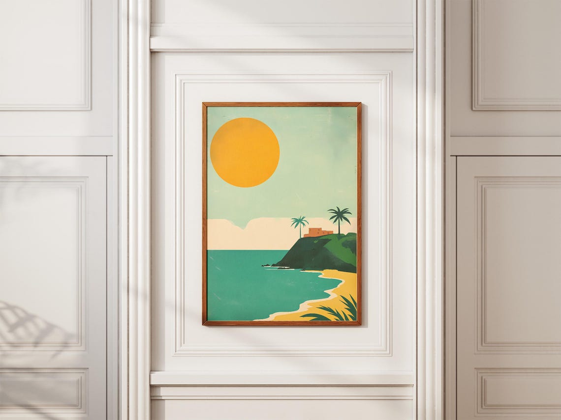 Minimalist Beach Giant Sun Teal Sea Green Headland Sunset Poster - Image 2