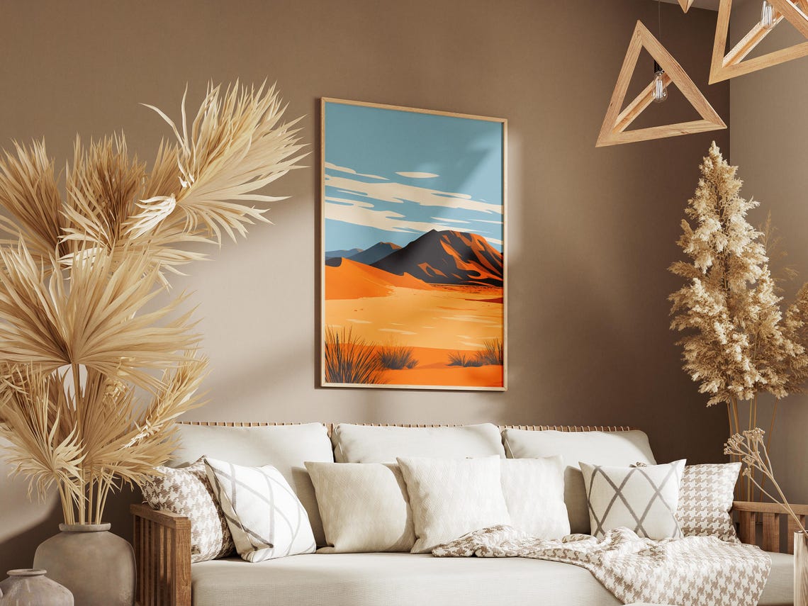 Namib Desert Sweeping Orange Dunes with Red Mountain Art Poster - Image 3