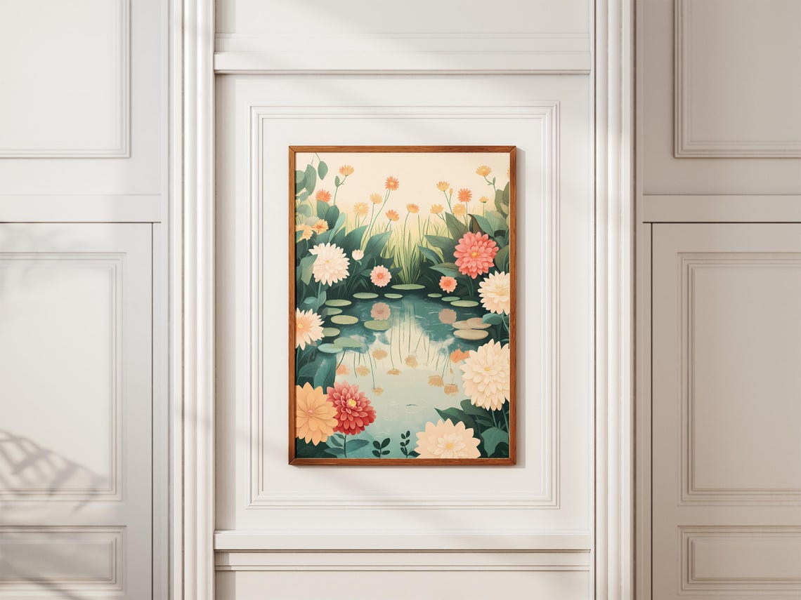 Pastel Dahlia Pond Dreamy Romantic Floral Waterside Scene Poster - Image 2