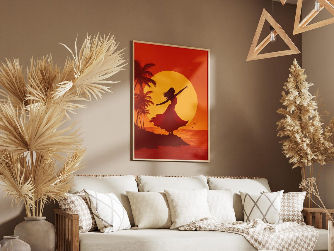 Hula Dancer Sunset Silhouette Big Yellow Sun Palm Trees Poster - Image 3