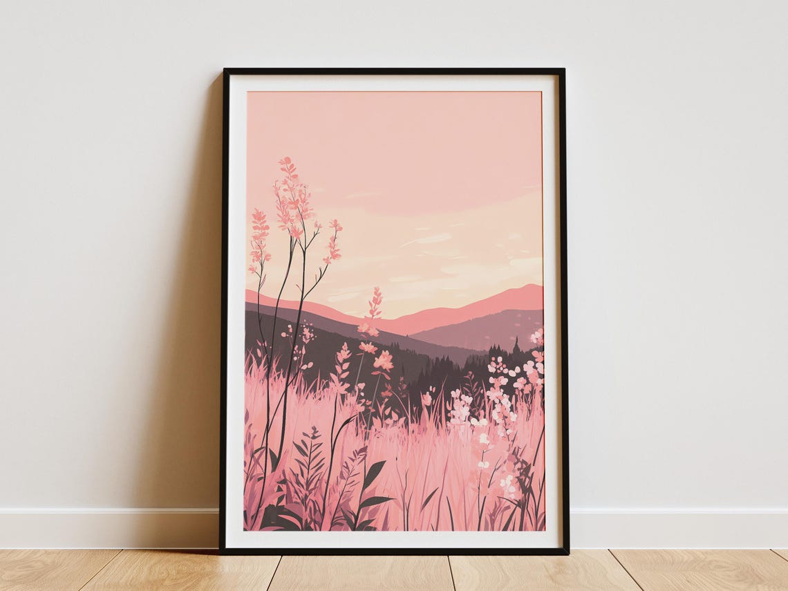 Pink Fireweed Meadow at Sunset Before Dusky Mountains Poster