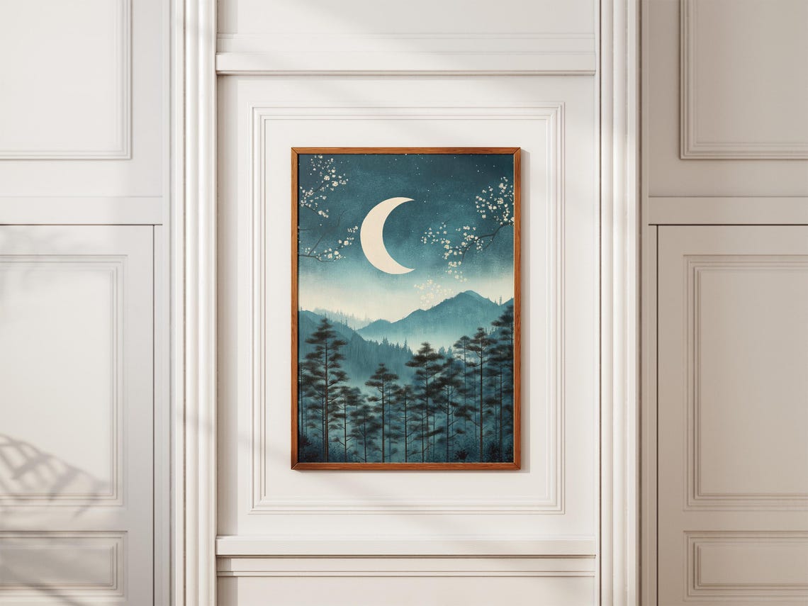 Pine Forest Under Crescent Moon Misty Mountains Asian Night Art Poster - Image 2