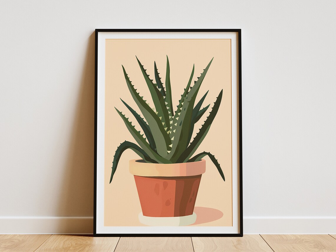 Potted Aloe Vera Plant Terracotta Pot Sunny Botanical Art Poster