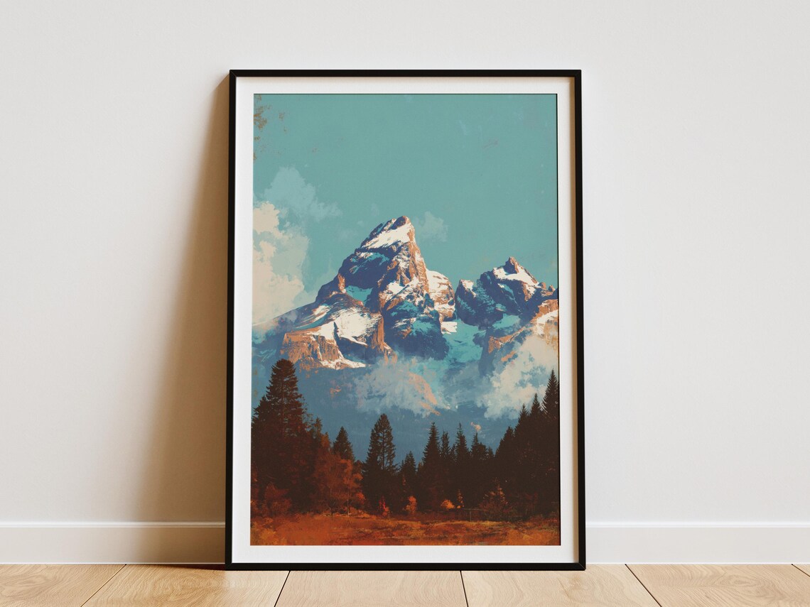 Grand Teton National Park Vintage Retro Mountain Peaks Scene Poster
