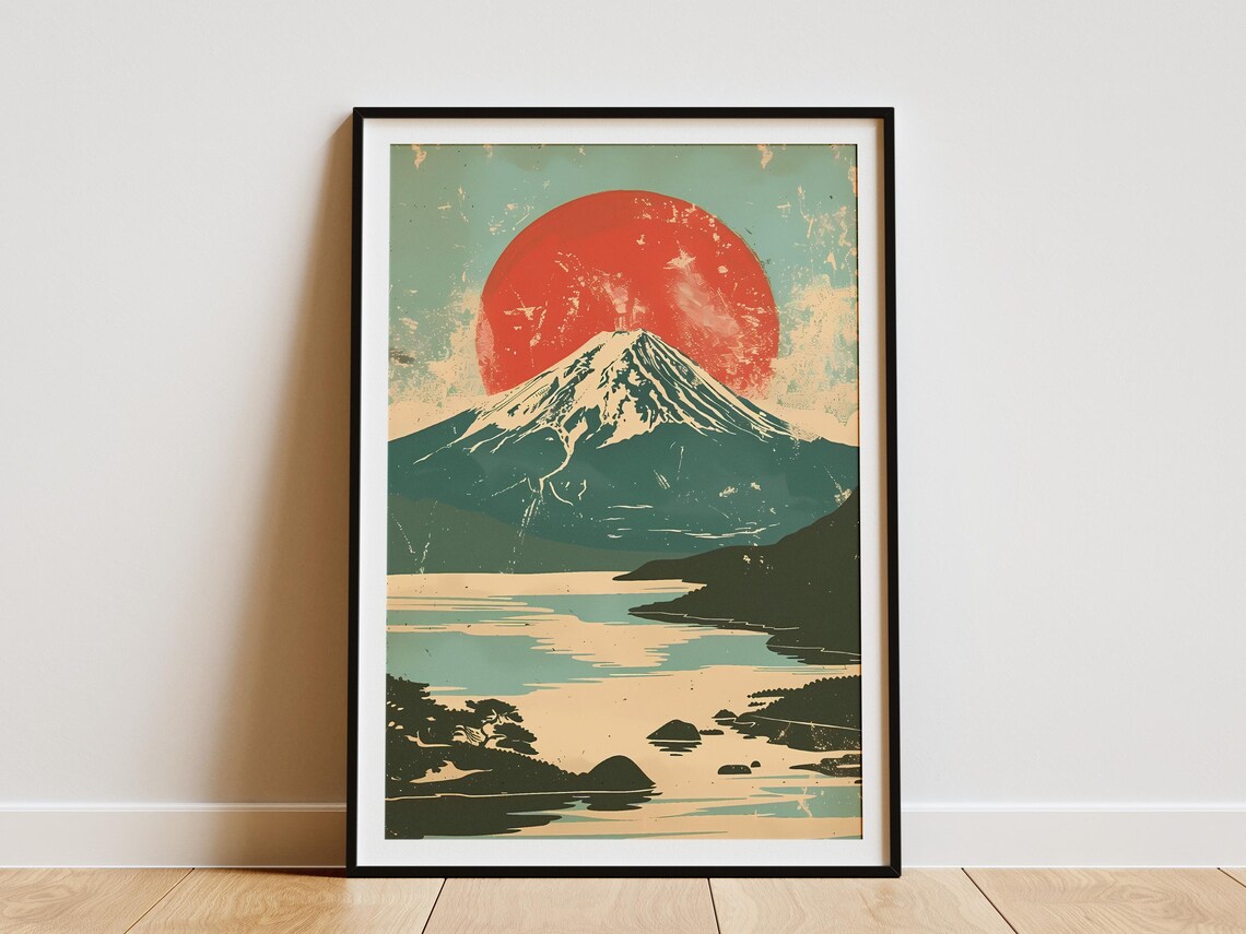 Mount Fuji Red Sun Lake Vintage Japanese Woodblock Style Poster