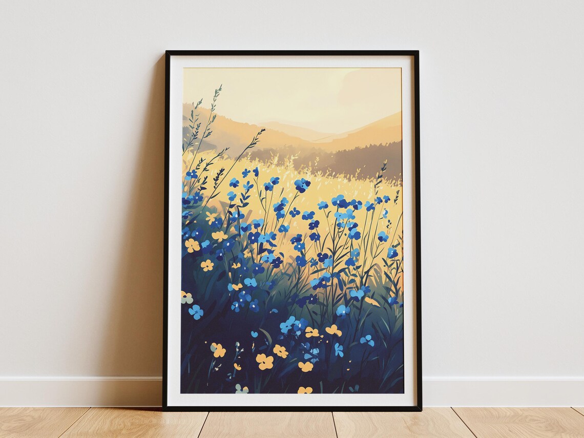 Blue Forget Me Not Golden Meadow Sunlit Flower Field Scenic Poster