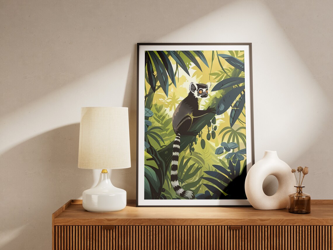 Ring Tailed Lemur Tropical Jungle Sunlit Leaves Wildlife Poster - Image 2