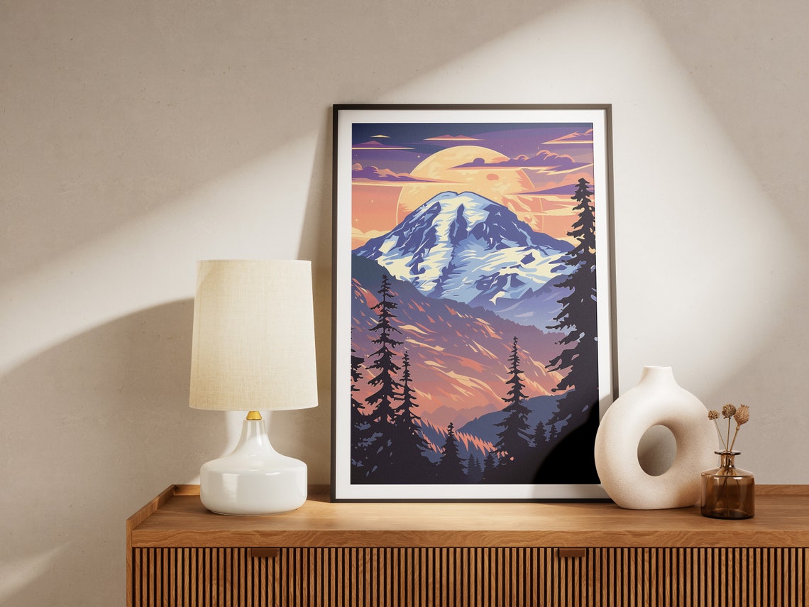 Mount Rainier National Park Snow Peak Sunset Vintage Travel Poster - Image 2