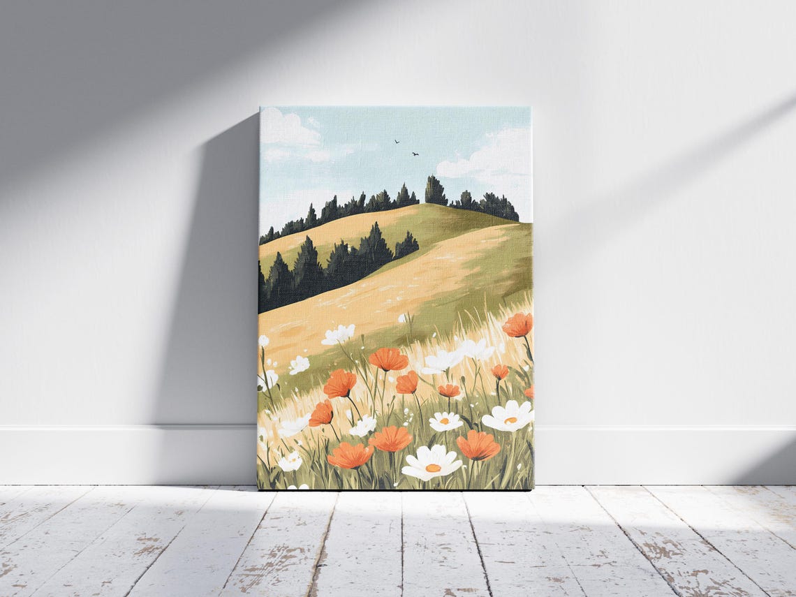 Spring Wildflower Hillside Orange Poppies Daisies Meadow Art Poster - Image 2