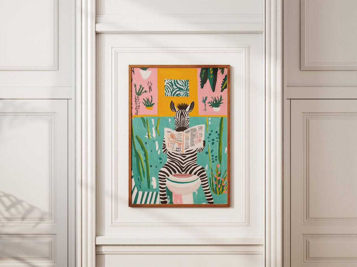 Zebra Reading Newspaper on Toilet Green Plant Bathroom Poster - Image 2