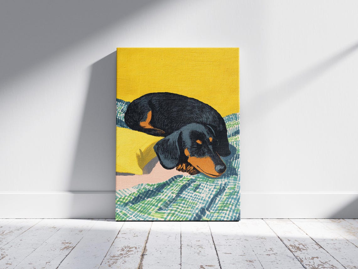 Dachshund Sleeping on Yellow Pillow Matisse Style Gouache Poster - Image 2