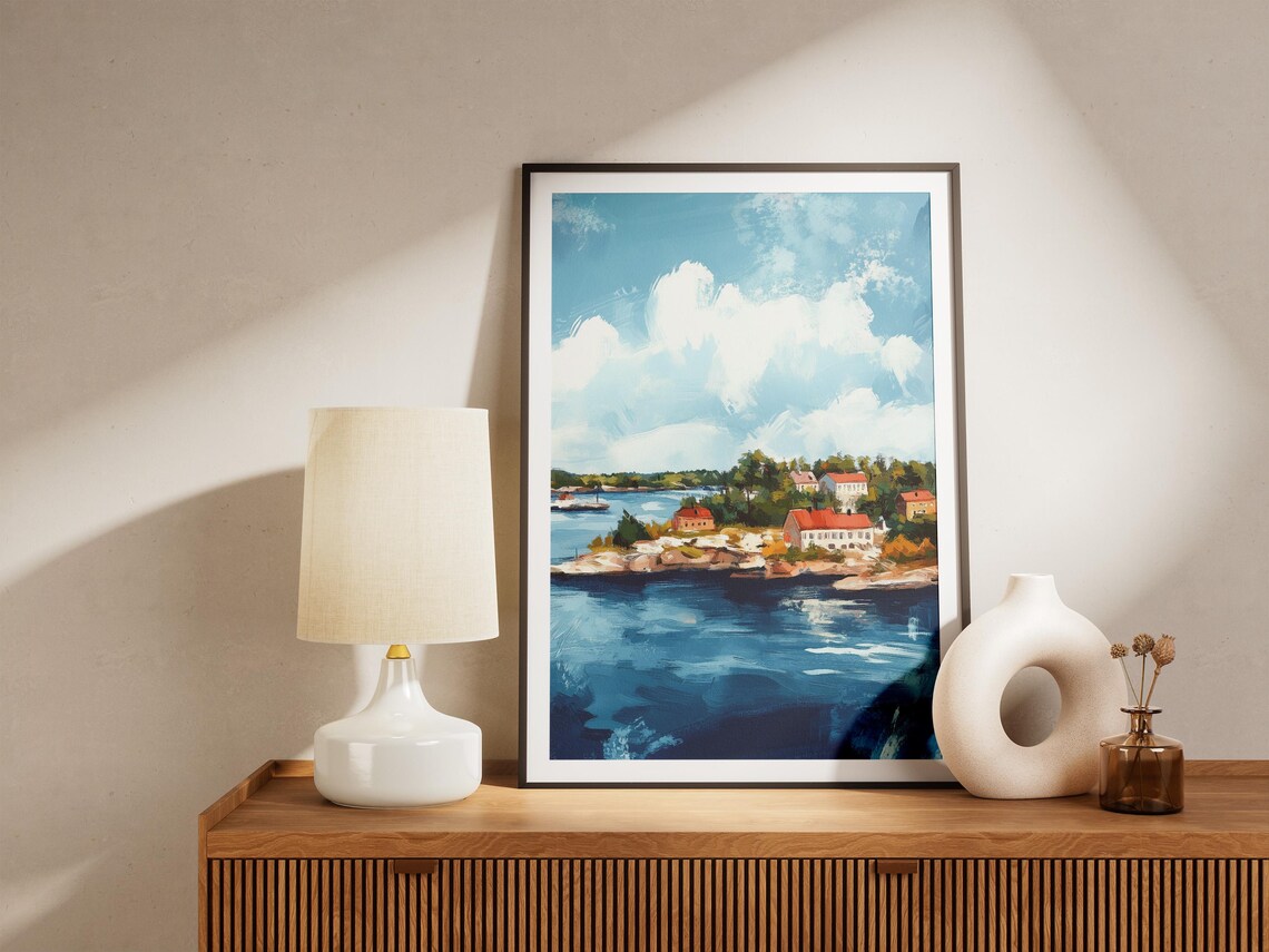 Coastal Village With Red Roofs On Rocky Shoreline Scenic Poster - Image 4