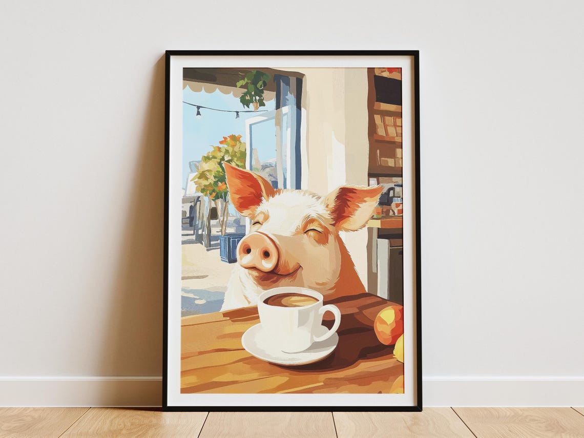 Happy Pig Drinking Coffee Sunny Outdoor Cafe Terrace Art Poster