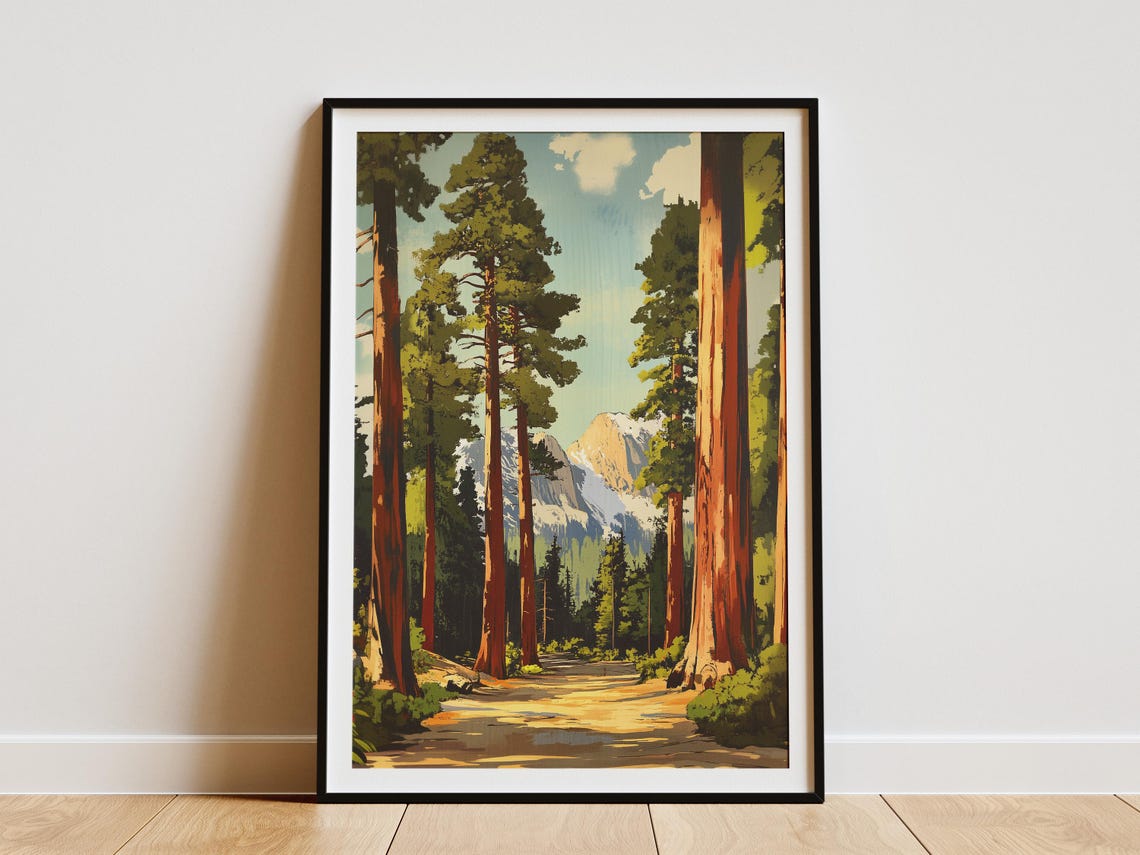 Sequoia Forest Path With Snowy Mountains Beyond Scenic Poster