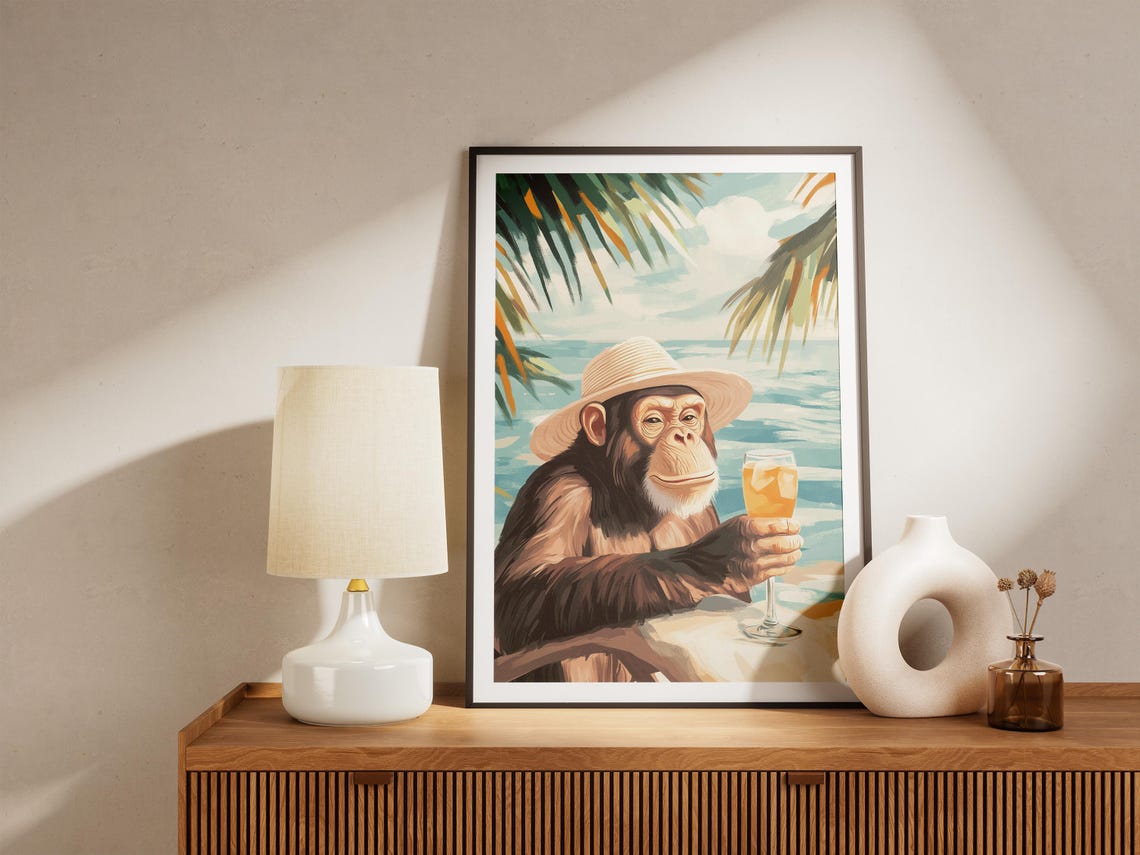 Chimpanzee in a Sun Hat Sipping a Tropical Beach Cocktail Poster - Image 5