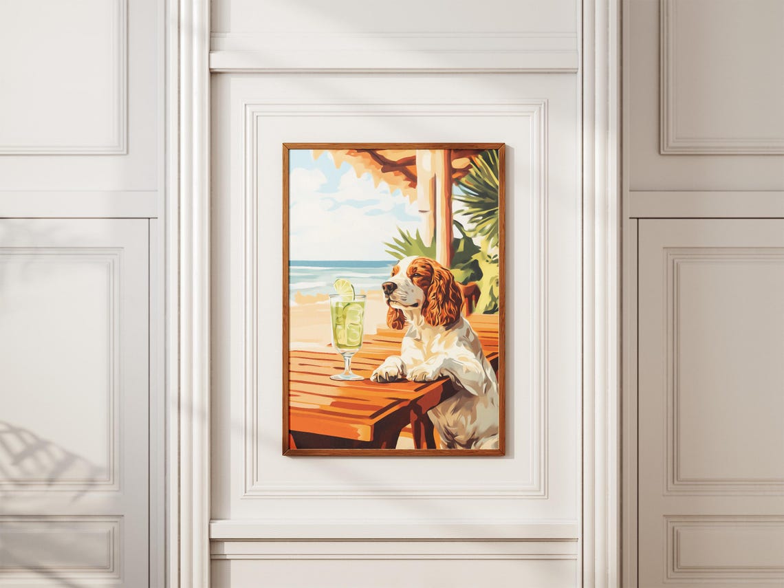 Springer Spaniel Dog Enjoying Green Cocktail At Beach Bar Poster - Image 2