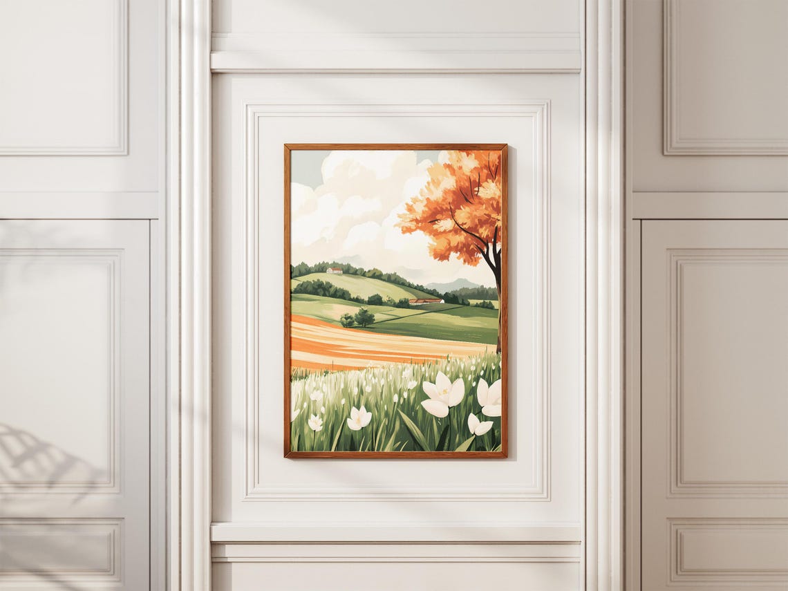 Spring Farm Countryside With White Flower Meadow Village Poster - Image 2