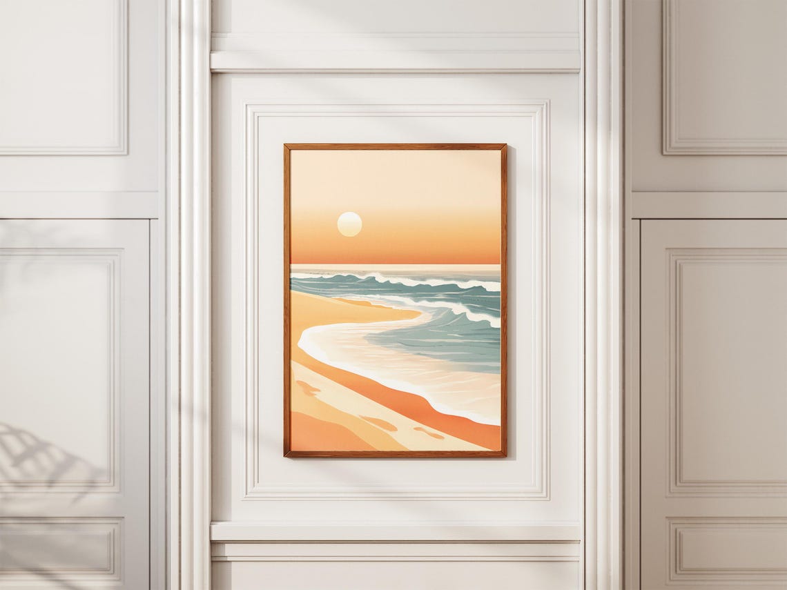 Minimalist Sunrise Beach Orange Sun Ocean Waves Abstract Poster - Image 2