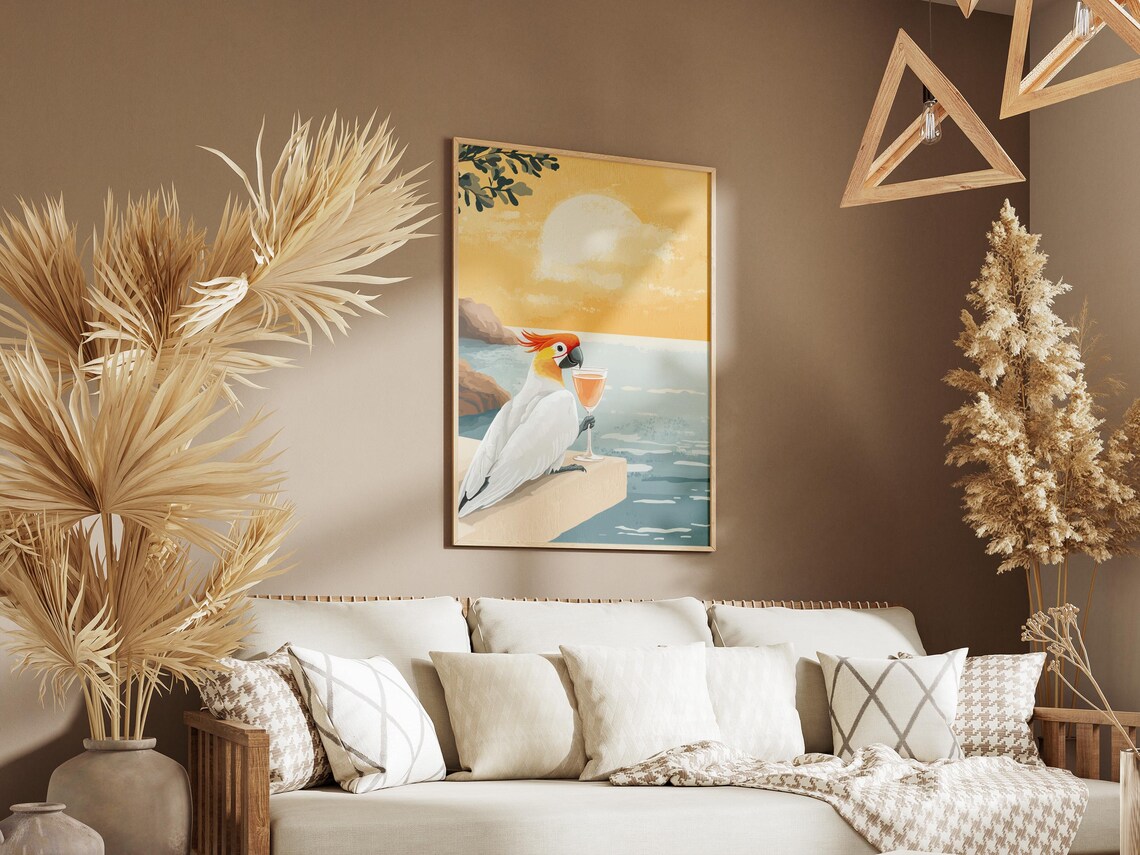 Cockatoo With a Glass of Wine at Sunset Over the Ocean Poster - Image 3