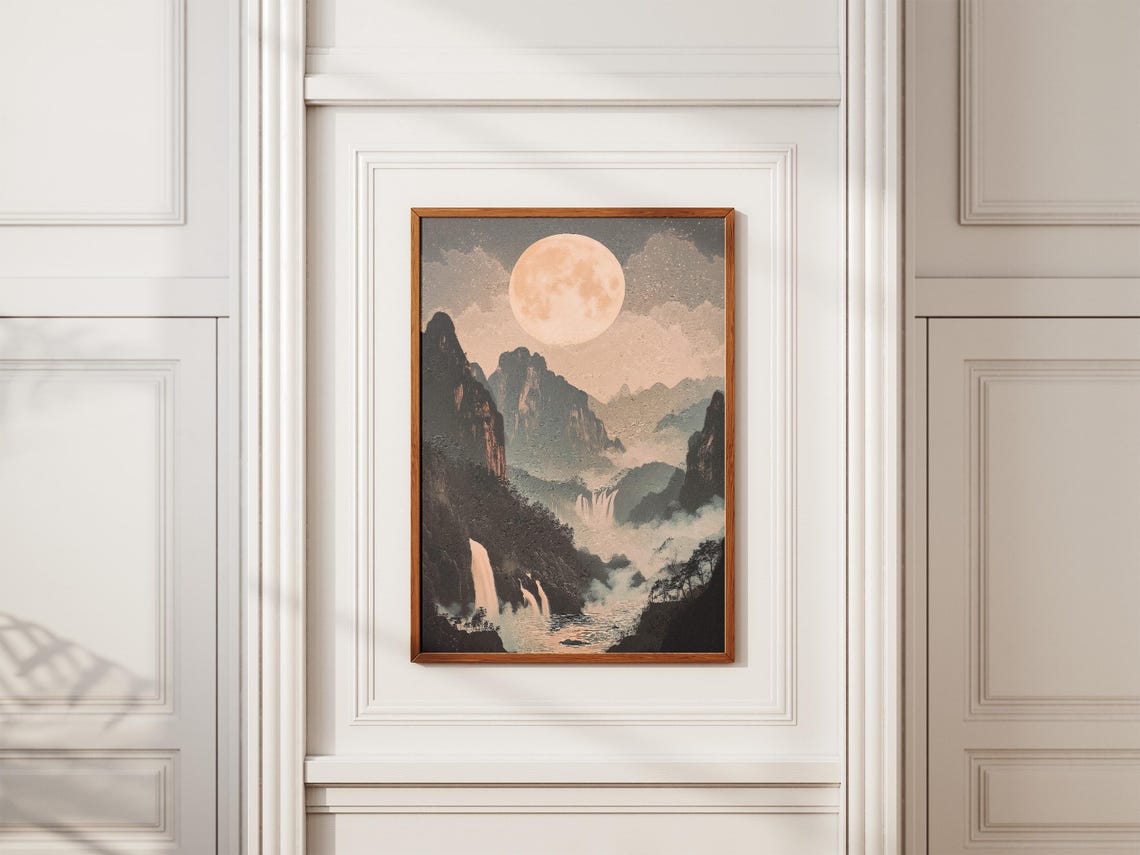 Jiuzhaigou Valley China Misty Waterfall Full Moon Mountain Poster - Image 2