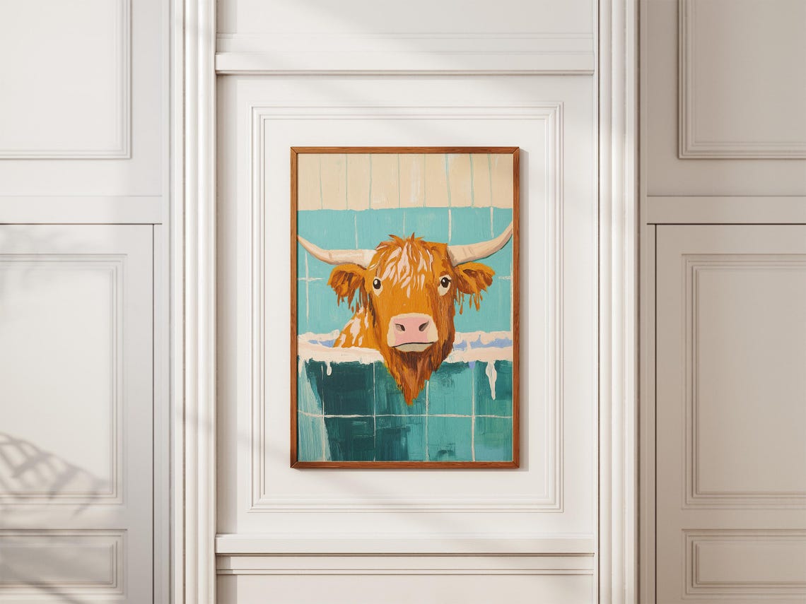 Highland Cow Peeking Out Of A Soapy Bubble Bath Teal Tiles Poster - Image 2