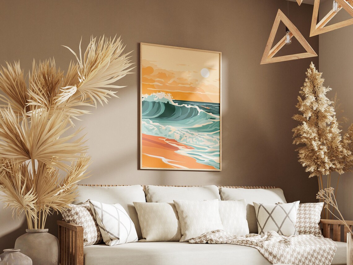 Ocean Wave Sunset Poster Teal Beach Art For Coastal Home Wall Decor - Image 3