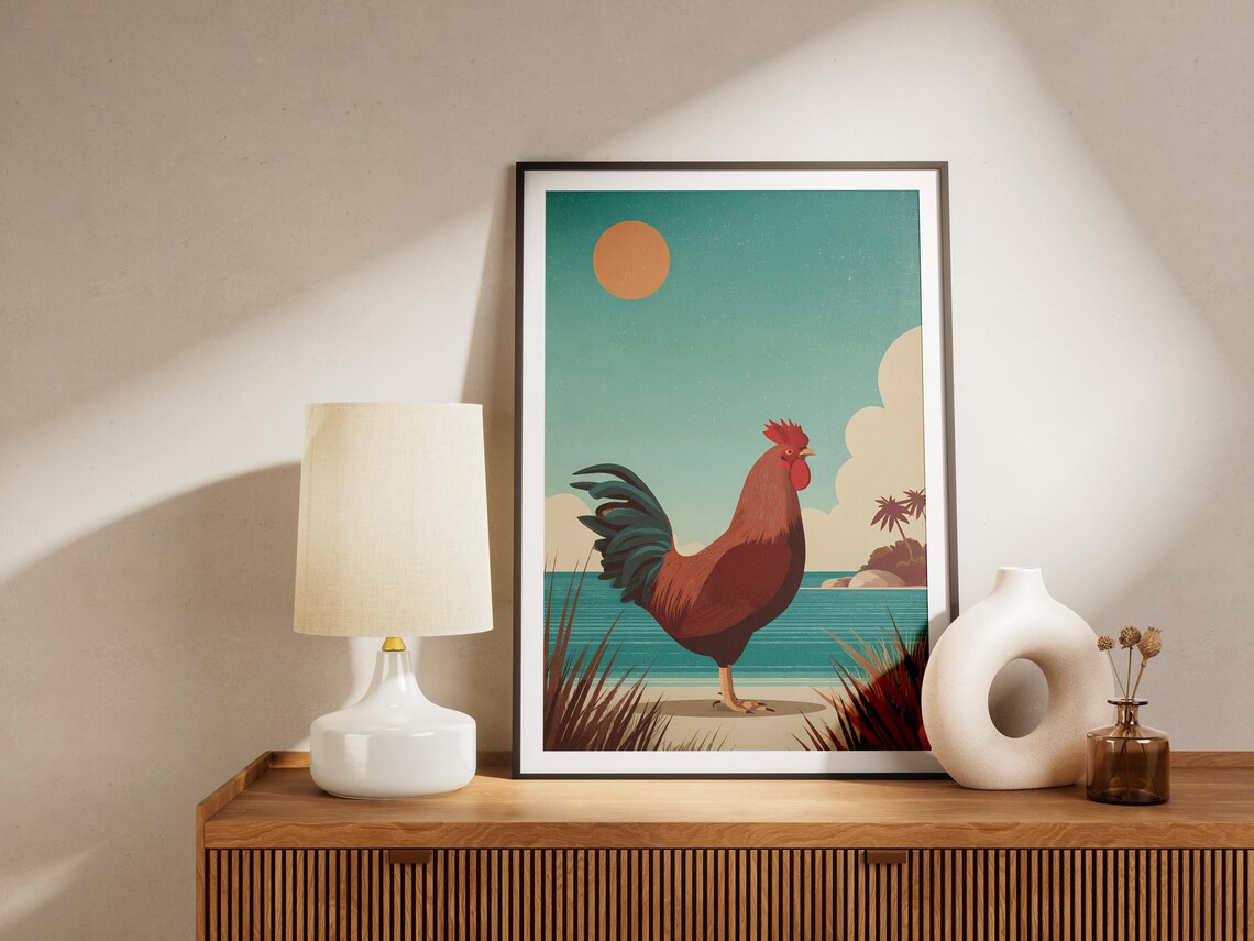 Rooster Tropical Beach Sunset Palm Trees Vintage Travel Poster - Image 4