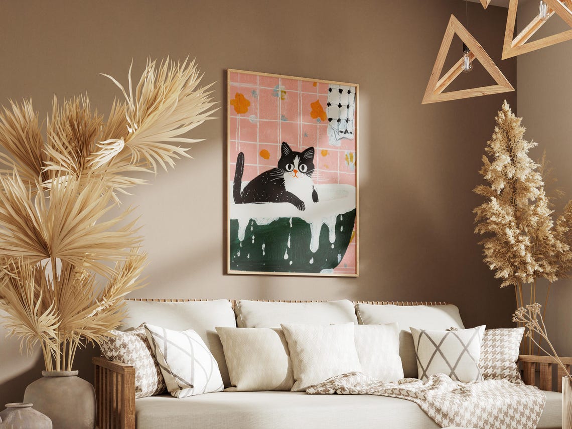 Cute Cat In Bubbly Bath Poster, Funny Pet Art - Image 3