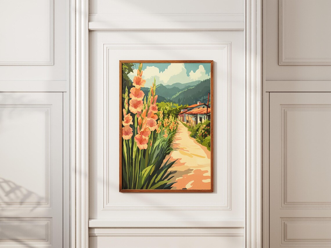 Orange Gladiolus Village Road Mountain Cottages Flower Poster - Image 2