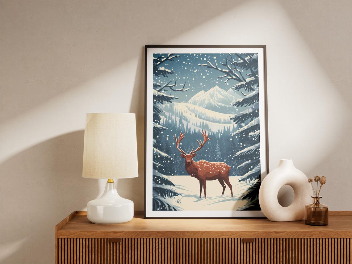 Spotted Stag With Antlers in a Snowy Blue Forest Winter Poster - Image 5