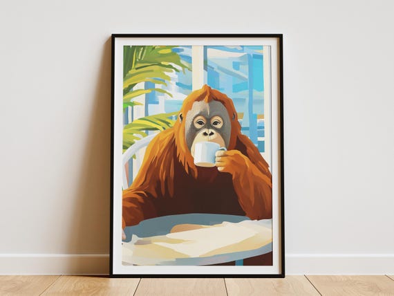 Orangutan Cafe Art Print Cozy Coffee Shop Poster Henri Matisse Inspired Animal Lover Gift Quirky Wall Drinker Decor Orange