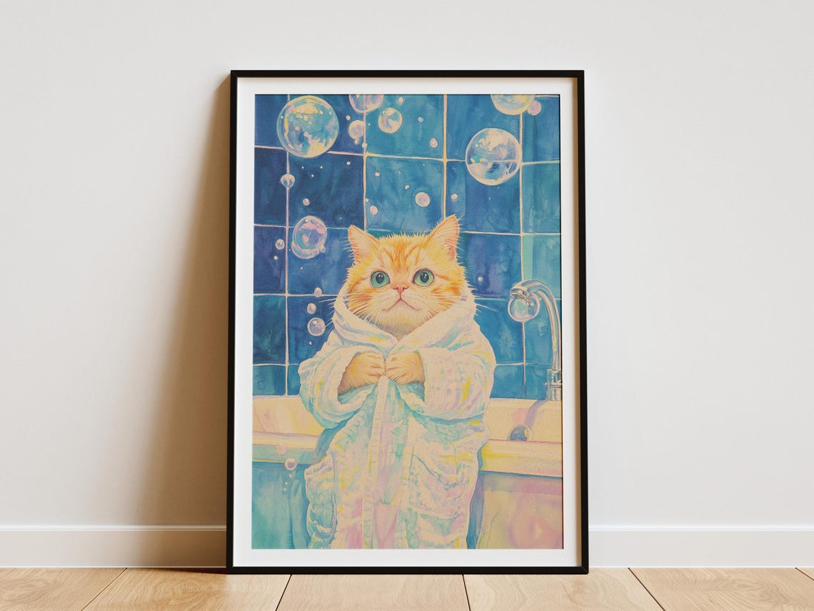Orange Kitten in White Bathrobe Bubble Bath Cute Cat Wall Poster