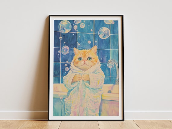 Orange Kitten in White Bathrobe Bubble Bath Cute Cat Wall Poster