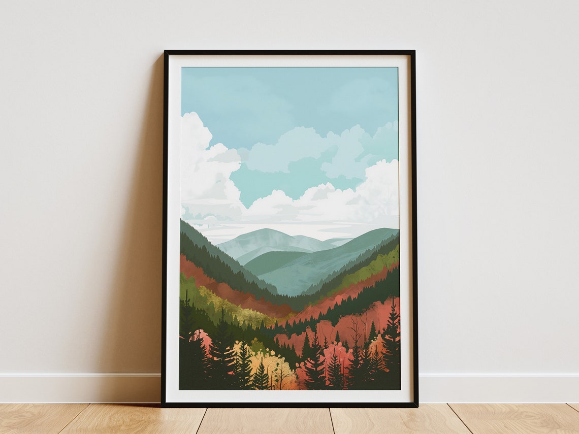 Autumn Forest Mountains Glowing Under Rolling White Clouds Poster
