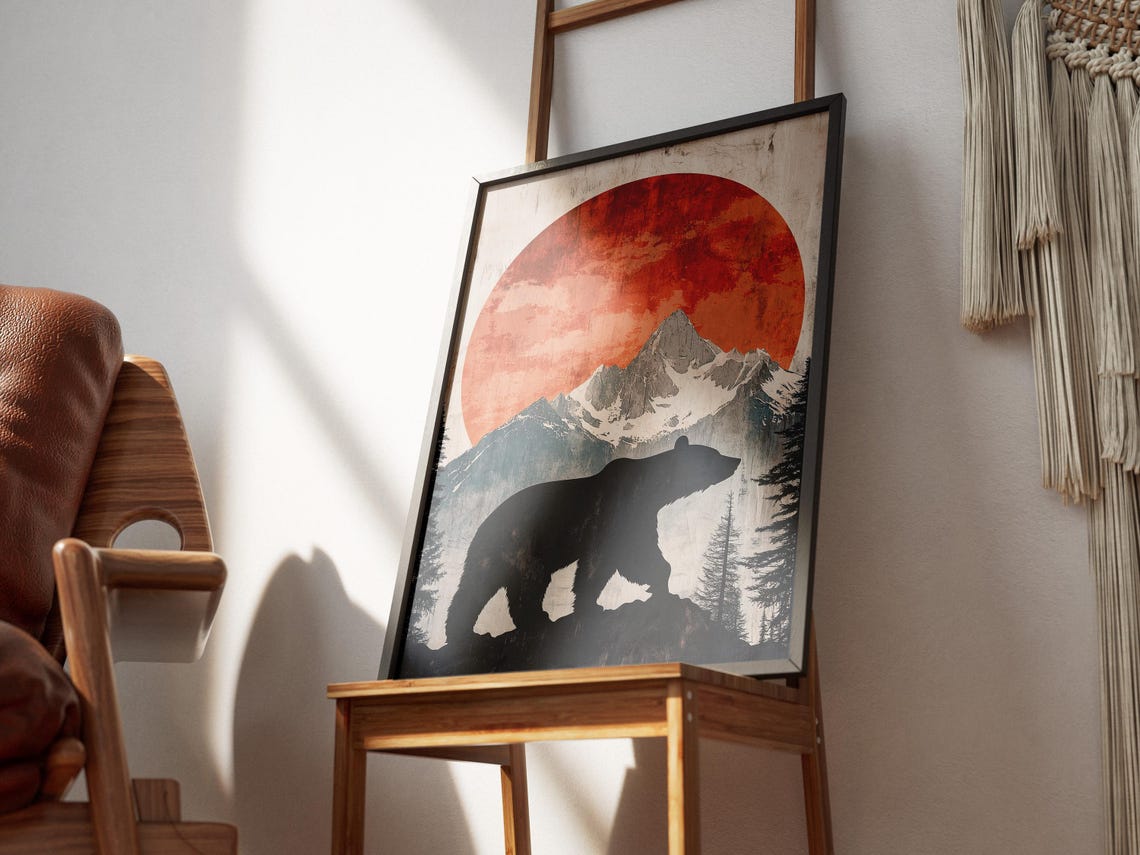 Bear Silhouette Under a Red Sun Snowy Mountain Landscape Poster - Image 3