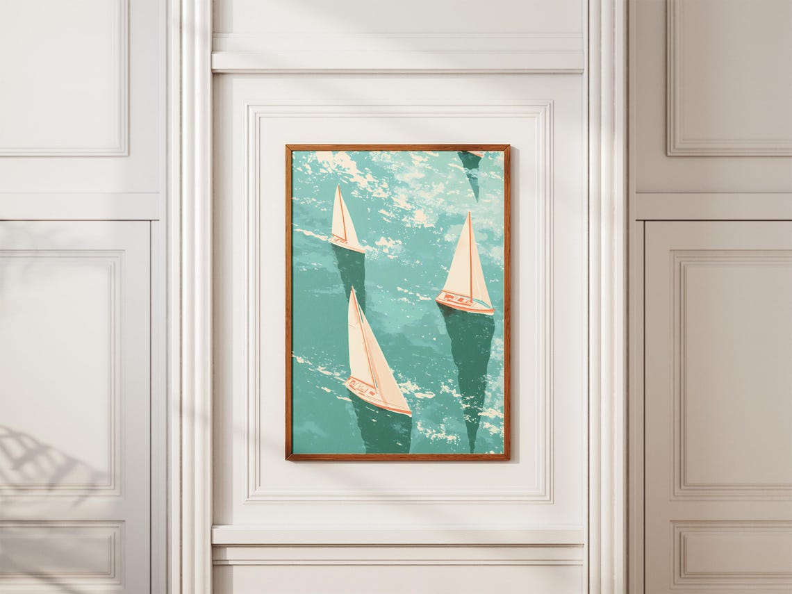 Sailboats Casting Reflections on Sparkling Teal Water Poster - Image 2