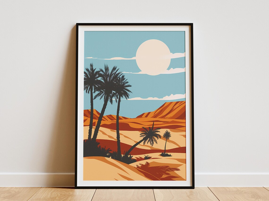Desert Oasis Palm Trees Orange Dunes Pale Sun Travel Art Poster