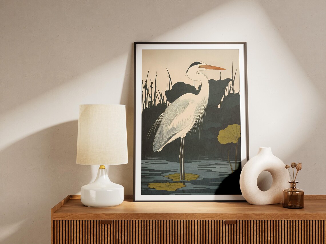 Elegant White Heron Among Lilies Japanese Woodblock Style Poster - Image 5